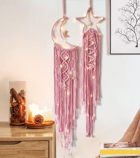 PRICES MAY VARY. Cute Bedroom decor： Do you or your family who it hard to sleep because of bad dreams? A dream catcher will be a great gift for yourself and your family. It brings a sense of peace and relaxes hyperactive minds. Hanging dream catchers in their room for a good night's sleep and having beautiful dreams. Dream Catcher Wall Decor: Star Moon Dream Catchers weaving by skilled old craftsman, very cute and well made. Macrame dream catcher is made from Macrame Cord Rope. Dream Catcher Mac Dream Catcher Pink, Dream Catcher For Kids, Moon Dream Catcher, Teenager Bedroom, Boho Macrame Wall Hanging, Bedroom Aesthetics, Teen Girl Room Decor, Inspired Bedroom, Pink Room Decor