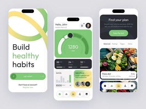 Diet App / Calories Tracker App by Tania Burdykina on Dribbble Nutrition App Design, Nutrition App Ui Design, App Home Page Design, Healthy Food App, Calorie Tracker App, Food Tracker App, Creative Ui Design, Ui App Design, Moodboard App