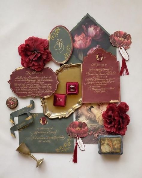 All posts • Instagram Gold Details Wedding, Moody Wedding Theme Ideas, Stationary Wedding Invitations, Moody Wedding Inspiration, Dark Romantic Wedding Invitations, Green And Red Wedding Theme, Dark Wedding Color Schemes, Shades Of Red Wedding, Wedding Invitations Maroon