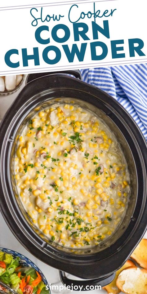 Crockpot Corn Chowder is a great slow cooker version of my popular Corn Chowder recipe. This easy soup is perfect comfort food. Crock Pot Street Corn, Chowder Recipes Crockpot, Corn Chowder Crockpot, Slow Cooker Corn, Slow Cooker Corn Chowder, Corn Chowder Soup, Slow Cooker Creamed Corn, Crockpot Side Dishes, Slow Cooker Bacon