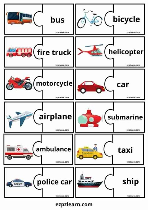 Transportation Puzzle Printable, Transport Worksheets For Kids, Means Of Transportation Activities, Transportation Worksheets For Kids, Esl Activities For Kids, Transport For Kids, Learning Materials For Kids, Transportation Preschool Activities, Ingles Kids