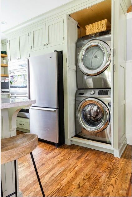 65 Best Ideas To Place Washing Machine In The Kitchen - Gravetics Kitchen Washer And Dryer Ideas, Kitchen Laundry Combo Layout Small, Laundry In Kitchen Ideas Layout, Kitchen With Laundry Area Small, Hidden Laundry In Kitchen, Laundry In Kitchen Ideas, Washer And Dryer In Kitchen, Laundry In Kitchen, Modern Vintage Kitchen