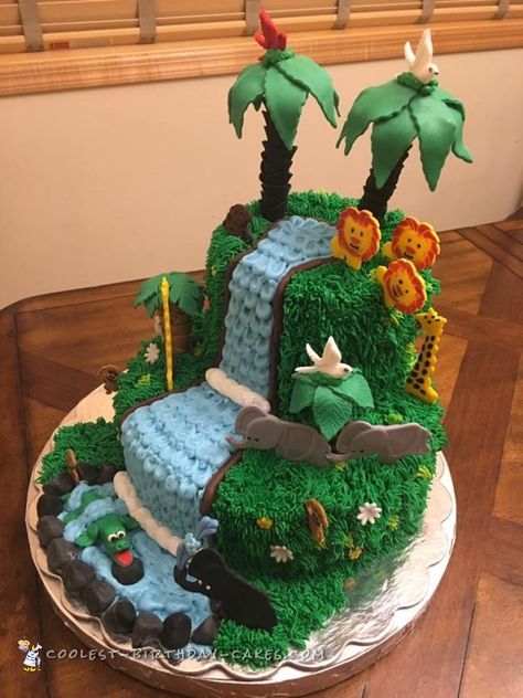 Final view of the cake at the venue! Jungle Book Cake, Waterfall Cake, Jungle Theme Cake, Jungle Birthday Cakes, Wild Kratts Birthday Party, Fondant Leaves, Jungle Cakes, Nature Cake, Jungle Theme Cakes