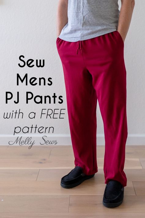 Make lounge pants with this free mens pajama sewing pattern and sewing tutorial. The DIY instructions include video for beginners. Pajama Pants Pattern Free, Pajama Pants Tutorial, Pajama Pants Pattern, Pants Pattern Free, Mens Pyjama Bottoms, Men Pants Pattern, Pants Tutorial, Mens Pajama, Melly Sews