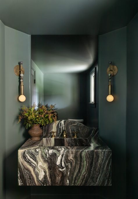 Green Marble Powder Room, Exposed Cement Wall, Jewel Box Powder Room, Green Sink Bathroom, 2023 Powder Room, Black Powder Room, Stone Vanity, Restroom Design, Smoked Mirror