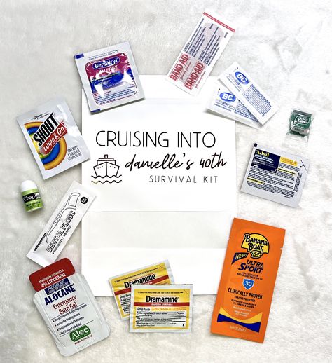 "Sea sick? No Problem. Unexpected allergy? Got you covered. Headed out for a cruise vacation without this kit is just silly! these survival kits are perfect for your next party, bachelorette, wedding, girls trip... filled with all cruise essentials! (especially if they were accidentally forgotten) +These fully loaded (if you choose) party favor/bachelorette prep kits arrive already assembled so less work for you!! All of the included items are a necessity for getting through those bachelorette/b Emergen Sea Kit, Cruise Gift Bag Ideas Party Favors, Cruise Party Favors Gifts, 30th Birthday Cruise Ideas, Cruise Bachelorette Party Favors, Cruise Goodie Bags, Cruise Favors Gift Ideas, Oh Ship Kit, Cruise Survival Kit Gift Ideas