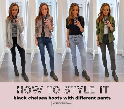 4 Ways to Wear the Black Chelsea Boots from the #NSale - Merrick's Art Black Chelsea Boots Outfit Women, Brown Chelsea Boots Outfit, Black Chelsea Boots Outfit, Chelsea Boots With Jeans, How To Style Chelsea Boots, Chelsea Boot Outfits Women, Chelsea Boot Outfit, Cute Mom Jeans, Rain Boot Outfit