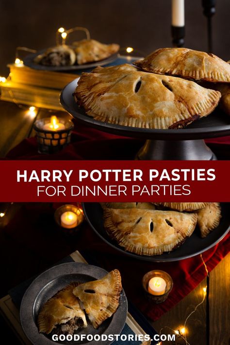 platters of beef filled Cornish pasties with spooky candles and lighting Easy Cornish Pasties, Easy Harry Potter Dinner, Harry Potter Shepards Pie Recipe, Wizarding World Food Recipes, Harry Potter Meat Pies, Gryffindor Themed Snacks, Harry Potter Meals Dinners, Harry Potter Inspired Dinner, Harry Potter Thanksgiving Food