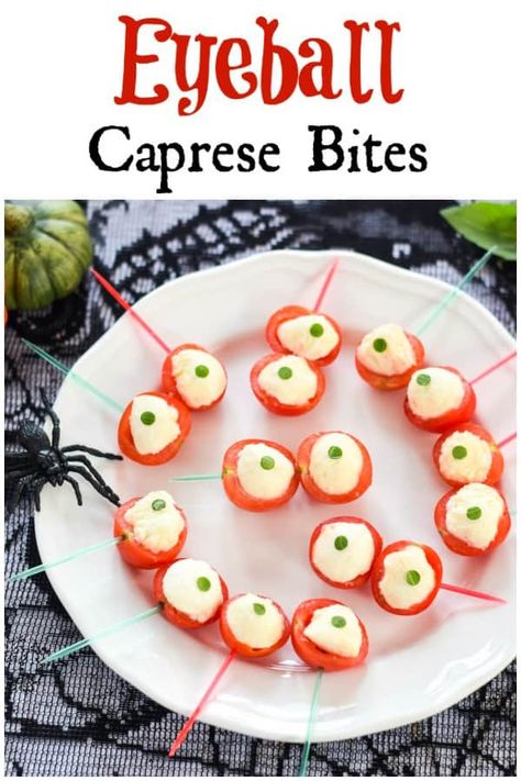 Spooky Eyeball Caprese Bites Recipe - this fun easy Halloween food is perfect for Halloween party food snacks and kids lunch boxes #EatsAmazing #Halloween #halloweenfoods #halloweenrecipes #partyfood #healthyHalloween #Halloweenparty #caprese #easyrecipe #funfood #kidsfood Party Food Snacks, Healthy Halloween Party Food, Caprese Bites, Kids Lunch Boxes, Halloween Appetizers Easy, Healthy Halloween Food, Halloween Buffet, Halloween Party Appetizers, Halloween Food Appetizers