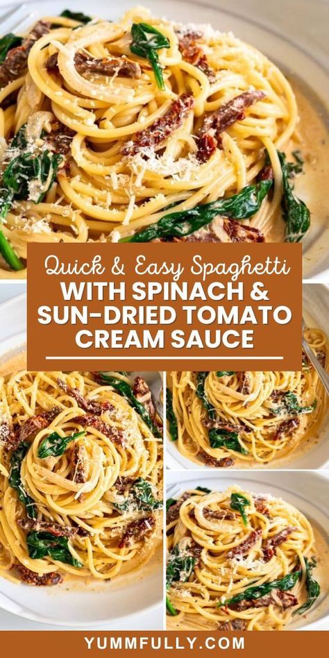 Need a quick but utterly delicious pasta fix? This 20-minute Spaghetti with Spinach & Sun-Dried Tomato Cream Sauce is it! It’s a one-pan masterpiece that is both simple and sophisticated. This could easily be a date night dinner or something you serve to pamper family and friends! Recipes With Spaghetti Noodles, Light Pasta Sauce, Spinach Cream Sauce, Spaghetti With Spinach, Spaghetti Recipes Easy, Sundried Tomato Pasta, Sun Dried Tomato Sauce, Cream Sauce Pasta, Tomato Cream Sauce