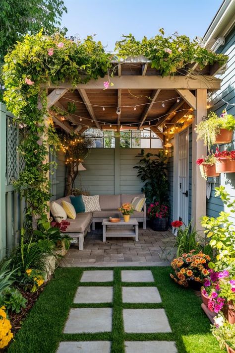 Explore creative small backyard decorating ideas on a budget to transform your outdoor space into a charming oasis. Get inspired with these small backyard decor ideas that maximize style and functionality in compact areas. Whether you have a tiny patio or a postage-stamp-sized yard, these small backyard decor inspiration will help you make the most of your outdoor space. Discover clever ways to add greenery, seating, lighting, and decor elements that will enhance the beauty of your small backyar Small Yard Remodel, Small Yard Gazebo Ideas, Small Outdoor Spaces Patio, Small Courtyard Landscaping, Small Suburban Backyard Ideas, Tiny Townhouse Backyard Ideas, Small Backyard Diy Ideas, Backyard Sitting Area Ideas Garden Nook, Mini Backyard Ideas Small Spaces