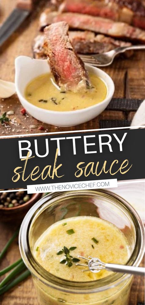 The best homemade steak sauce recipe that is a family favorite! This buttery steak sauce is gluten-free, low carb, and keto-approved. It is loaded with horseradish, dijon mustard, garlic, chives, shallot, fresh thyme, a pinch of cayenne, salt, and pepper. Save this easy recipe! Shallot Sauce For Steak, Quick Steak Sauce, Easy Steak Dipping Sauce, Homemade Steak Sauce Easy, Steak Sauce Recipe Easy, Pontchartrain Sauce Recipe, Garlic Sauce For Steak, Garlic Steak Sauce, Easy Steak Sauce