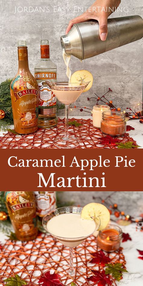 This caramel apple pie martini recipe blends Bailey's Apple Pie with Smirnoff Kissed Caramel vodka for the perfect holiday cocktail. Apple Pie Martini Pioneer Woman, Drinks With Caramel Vodka Recipes, Drinks To Make With Caramel Vodka, Bailey Apple Pie Drink Recipe, Carmel Kiss Vodka Drinks, Caramel Alcohol Drink, Apple Caramel Drink, Caramel Apple Pie Martini, Apple Pie Vodka Drinks