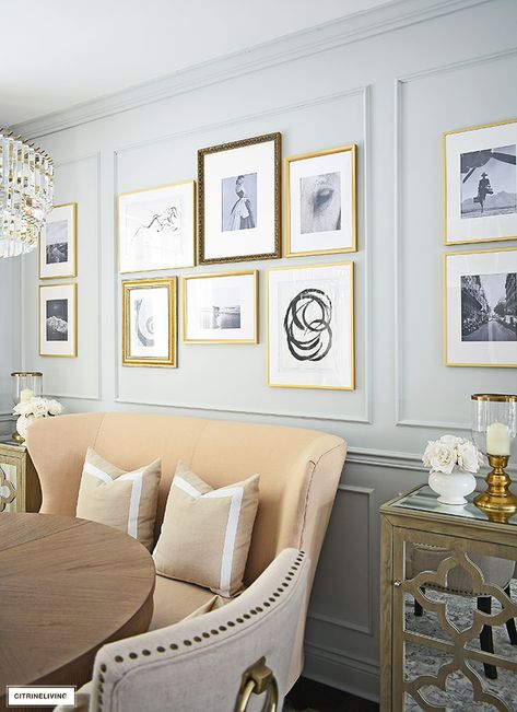 Install an inexpensive DIY gallery wall in your home for a sophisticated old-world feel. Wall Molding Gallery Wall, Picture Molding Gallery Wall, Gallery Wall With Molding, Bird House Garden, Entry Room, Picture Molding, Diy Gallery Wall, Girly Apartment Decor, Home Decor Ideas Bedroom