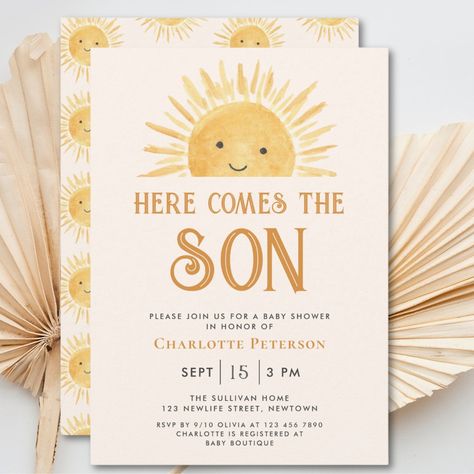 Here Comes the Son Yellow Sunshine Baby Shower  Invitation Jordan Baby Shower, Sunshine Baby Shower Invitations, Baby Boy Sprinkle, Here Comes The Son, Sunshine Baby Shower, Unique Baby Shower Invites, Sunshine Baby Showers, Baby Shower Theme Decorations, Yellow Sunshine