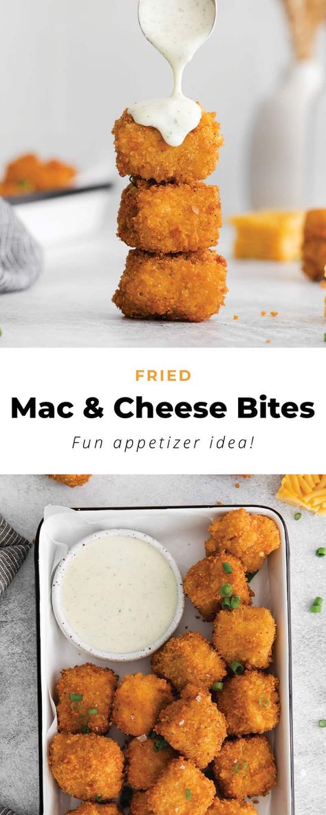 Max And Cheese Balls, Max N Cheese Bites, Fried Mac N Cheese Bites, Gouda Mac And Cheese Bites, Mac And Cheese Bites Dipping Sauce, Fried Mac And Cheese Bites Recipe, Deep Fried Mac And Cheese Bites, Things To Bring To A Party, Homemade Mac And Cheese Bites