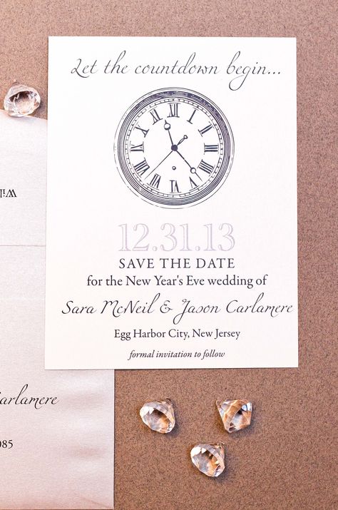 This simple design makes such a statement for your New Year's Eve Save the Dates. Wouldn't this be fun with a rhinestone in the center of the clock too? CLICK through to see more information about this new years eve save the date. PIN to see it later. Nye Save The Date, New Year’s Eve Save The Date, New Years Wedding Save The Date, New Years Eve Wedding Invitations, New Years Eve Music, Unique Wedding Invitation Wording, New Years Eve Invitations, Wedding Nyc, New Years Eve Wedding