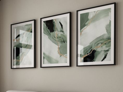 Sage Green & Gold Set of 3 Prints Abstract Art Gallery - Etsy UK Abstract Art Sage Green, White Room With Green Accent Wall, Sage Green Gold Living Room, Black White Beige Green Living Room, Black White And Sage Bedroom, Green Cream And Black Living Room, Green Wall Art Living Room, Sage Green Abstract Art, Wall Decor Living Room Paintings & Prints