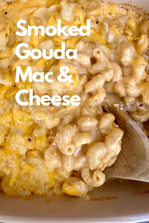 A dish of mac and cheese with s spoon. Giada Mac And Cheese, Mac And Cheese With Smoked Gouda, Smoked Gouda Mac And Cheese Baked, Muellers Mac And Cheese Recipe, Chorizo Mac And Cheese, Heavy Cream Mac And Cheese, Mac And Cheese Recipe Gouda, Thanksgiving Mac And Cheese Recipe, Mac And Cheese For Thanksgiving