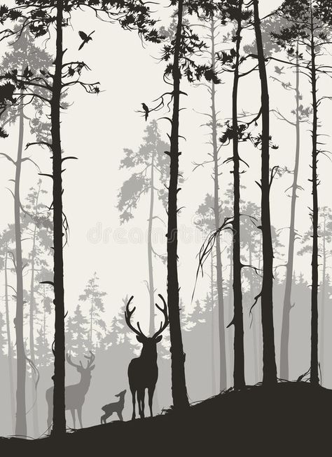 Hirsch Silhouette, Deer In The Woods, Forest Vector, Deer Vector, Deer Wallpaper, Forest Silhouette, Deer Silhouette, Forest Illustration, Seni Cat Air