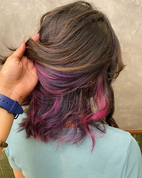 Colored Hair Tips Purple, Brown And Coloured Hair, Pink Hair Streaks Short, Halo Hair Dye Style Blonde, Undercolor Hair Ideas For Brown Hair, Short Hair With Brown Highlights, Dye Hair Ideas For Brown Hair, Peakaboo Dye Hair, Cute Hair Dye Ideas For Brunettes