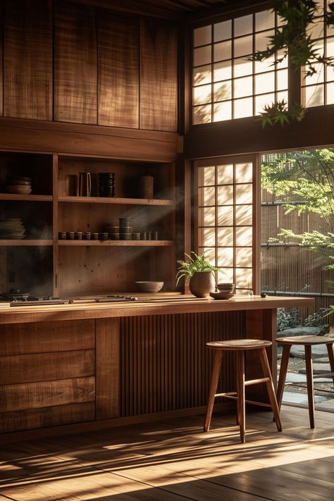 Japanese kitchen essentials highlighting precision knives and bamboo steamers Asian Kitchen Design Small Spaces, Japanese Wood Kitchen, Japanese Outdoor Kitchen, Japan Style Kitchen, Japanese Wood Interior, Japanese Condo Interior, Japanese Kitchen Modern, Japanese Interior Design Kitchen, Japanese Kitchen Traditional