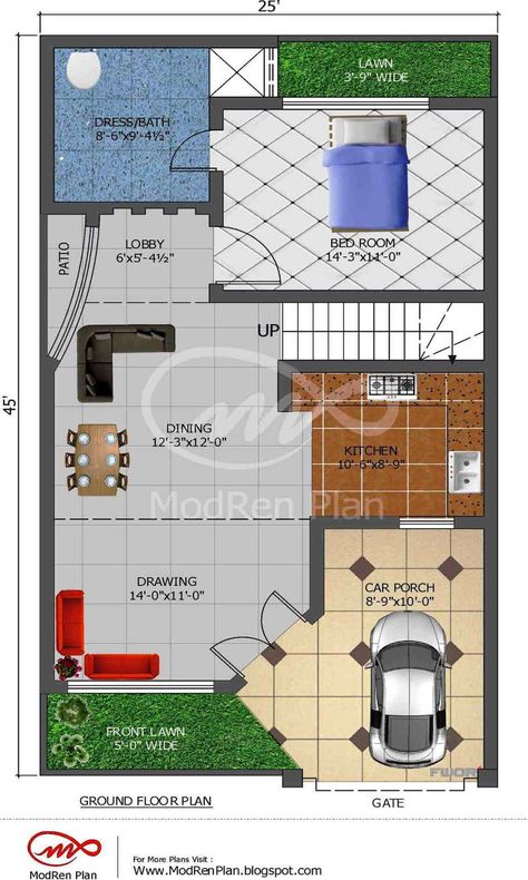 5 marla house plan |1200 sq ft| 25x45 feet|www.modrenplan.blogspot.com 1200 Sq Ft House Plans, 5 Marla House Plan, Mini House Plans, 1200 Sq Ft House, 20x40 House Plans, Duplex Floor Plans, Little House Plans, Houses Design, Houses Plans