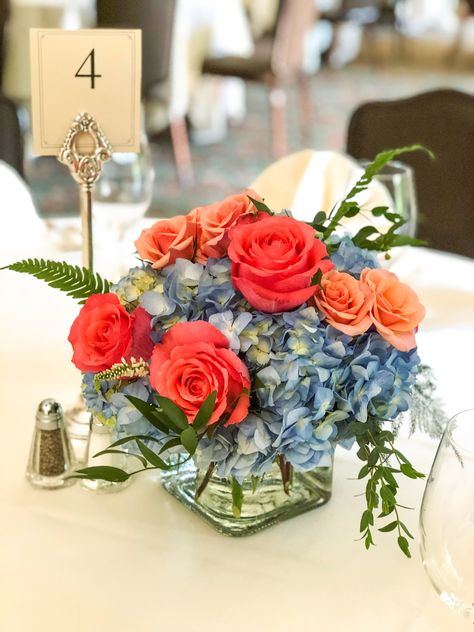 Rose Hydrangea Centerpiece, Fitzsimmons Wedding, Rose And Hydrangea Centerpiece, Hydrangea And Rose Centerpiece, Coral And Blue Wedding, Hydrangea Wedding Centerpieces, Coral Wedding Centerpieces, Cube Centerpiece, Blue Hydrangea Centerpieces