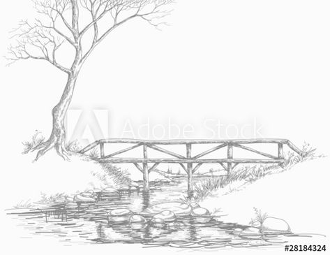 Bridge Sketch Simple, Homestead Branding, River Sketch, Bridge Over River, Disney Drawing Tutorial, Bridge Drawing, Old Bridges, Disney Drawing, Pencil Drawings Of Flowers