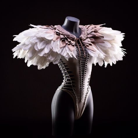 An amazing Feathered Shoulder Pad AYO white bird for Women - by Ça Déchire - One size fits all. The extraordinarily, beautiful and original shoulder pieces : AYO This unique piece is a jewel, it represents nearly 40 hours of work. The position of each element is millimetered and adjusted with extreme care to obtain a specific shape and positioning of each feather. The fabric is a mixture of suede and imitation leather of a very beautiful and silky quality.  This fabric is braided by hand and the Bird Costume, Feather Skirt, Fantasy Costumes, White Bird, Fashion Costume, Fantasy Clothing, Women's Costumes, Fantasy Fashion, Burning Man