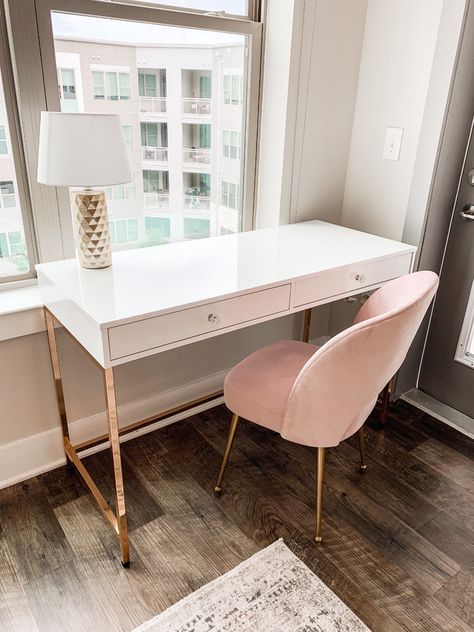 This chic, glam workspace is the perfect place to work from home! This white and gold desk is adorable when paired with this blush and gold accent chair. Gold Home Office Decor, Gold Home Office, Home Office Decor Ideas, Office Decor Ideas, Gold Rooms, Gold Desk, Drum Lamp Shade, Drum Lamp, Gold Bedroom