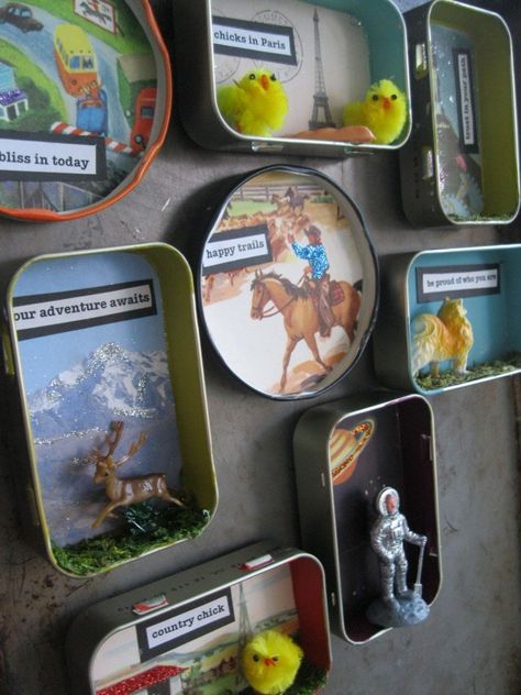 Diy Magnets, Altoids Tins, Altered Tins, Mint Tins, Tin Art, Tin Containers, Assemblage Art, Box Art, Crafty Ideas