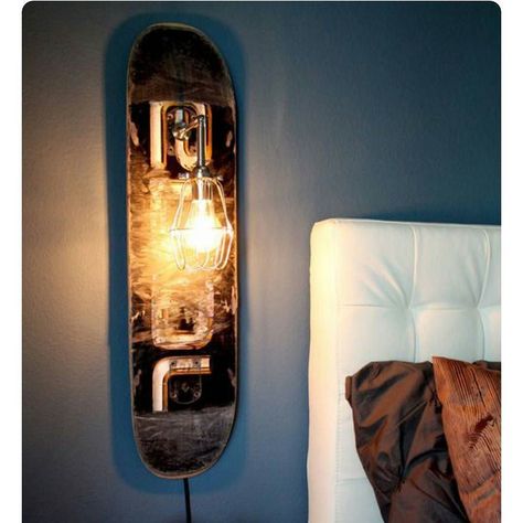 We've got a stack of 'broken' boards so might as well start putting them to use! #inspiration #skateboard #homeware Skateboard Light, Skateboard Furniture, Skateboard Room, Skateboard Decor, Sconces Living Room, Student Room, Cage Light, Style Deco, Diy House Projects