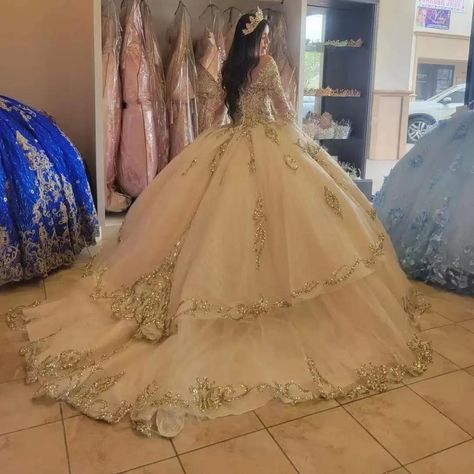 2021 New Arrival, Handmade, Custom Made size and color offered, plus size is available.syi Sweet 16 Dresses Gold, White Quince Dress, Champagne Quinceanera, Long Sleeve Quinceanera Dresses, Champagne Quinceanera Dresses, Quinceanera Dresses Gold, Long Sleeve Ball Gowns, Pretty Quinceanera Dresses, Quince Dress