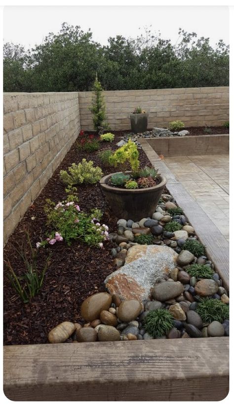 Land Scaping Ideas Front Yard With Rocks, Mulch Side Of House, Large Flowerbed Ideas Front Of House, Rock Waterfalls Backyard, Backyard Ideas With Rocks, Front Yard Zen Garden, Zero Scape Front Yard, Dryscape Landscaping Front Yards, Dry River Bed Landscape Yard Ideas