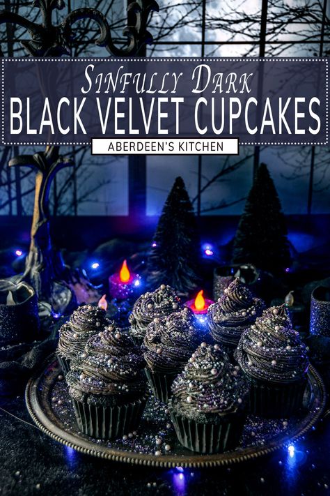 Sinfully dark and hauntingly delicious, these black velvet cupcakes are the ultimate Halloween dessert. With a rich, moist, chocolate base and topped with buttery, creamy, black-hued frosting, these indulgent treats are spookily irresistible! From aberdeenskitchen.com #black #velvet #cupcakes #baking #halloween #dessert #recipe Black Velvet Cake Recipe, Black Velvet Cupcakes, Halloween Dessert Recipe, Baking Halloween, Black Velvet Cakes, Cake Mix Cupcakes, Halloween Dessert, Chocolate Buttercream Frosting, Velvet Cupcakes