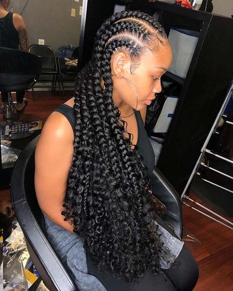 Corn Row Braids Curly Hair, Corn Rows Half Up Half Down Black, Corn Row Half Up Half Down, Half Crochet Hairstyles, Braided In The Front Curly In The Back, Jumbo Feed In Braids, Half Up Half Down Crochet Hairstyles, Bohemian Feed In Braids, Half Braid Half Crochet Hairstyles