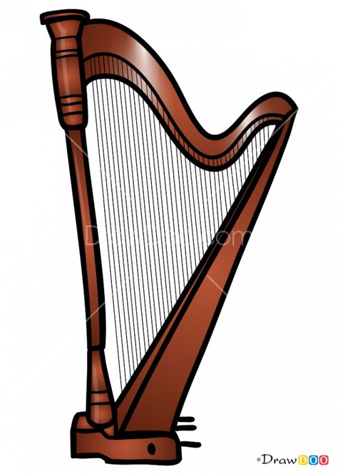 How to Draw Harp, Musical Instruments Harp Drawing Easy, Harp Instrument Drawing, String Instruments Drawing, Drawing Of Musical Instruments, Drawing Musical Instruments, Music Instruments Drawing, Harp Drawing, Music Cake Ideas, Harp Instrument