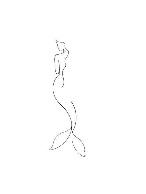 Mermaid Line Art Minimalist, Line Drawing Mermaid, Ocean Saying Tattoo, Mermaid Fineline Tattoo, Mermaid Fine Line, Mermaid Line Tattoo, Mermaid Inspired Tattoo, Line Mermaid Tattoo, Small One Line Tattoos