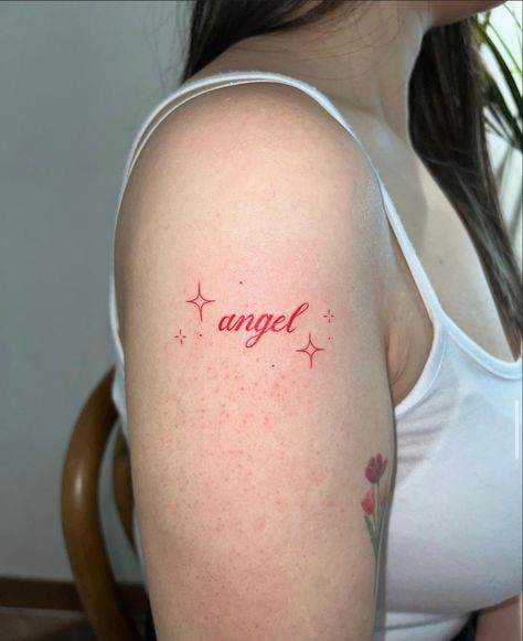 Red Ink Angel Tattoo, Korea Tattoo, Red Ink Tattoo, Text Tattoo, Red Ink Tattoos, Red Tattoos, Angel Tattoo, Seoul South Korea, Red Ink