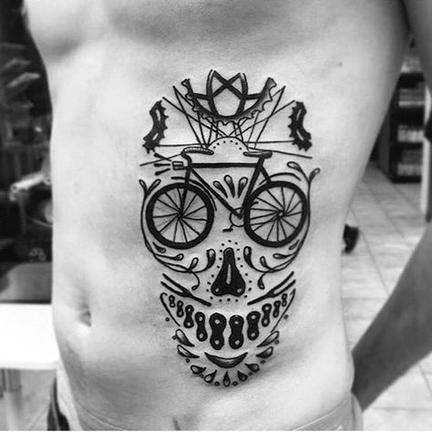 Bike tattoo by darksideofthewall on Instagram. #bike #fixie #biker #cyclist #biking #sport #sugarskull #skull Biking Tattoos For Men, Tattoo Bicycle Ideas, Bicycle Tattoos For Men, Bicycle Tattoos, Bike Tattoo Ideas, Tattoo Bike, Cycling Tattoo, Mountain Bike Tattoo, Bike Tattoo