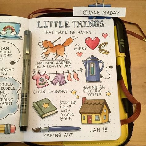 Jane Maday on Instagram: "Little things that make me happy. I should have included my little doodle diary! Drawing in it makes me happy. #artjournaling #artjournalpage #doodlediary #illustratedjournal #creativejournaling #dailydoodle #dailysketchbook #markerart #sketchingart #bujoideas #bujoinspo #bujolove #bujocommunity" Diary Ideas Creative About Me, Happy Journal Pages, Daily Doodle Journal, Diary Drawing Ideas, Diary Design Ideas, Things That Make Me Happy Journal Page, What Makes Me Happy Journal, Daily Bullet Journal Layout Ideas, Jane Maday Coloring Pages