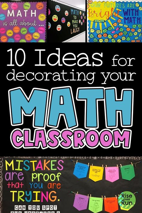 I love these math classroom decoration ideas! Math bulletin boards, door decorations, functional wall displays for decorating your math class.  Inspiration for back to school and getting the classroom setup to welcome students. Grade 5 Math Bulletin Boards, High School Math Door Decorations, Math Bulletin Boards Elementary Ideas, Grade 4 Classroom Decoration, Math Classroom Bulletin Board Ideas, Interactive Math Bulletin Boards Middle School, Math Projects Highschool Ideas Bulletin Boards, Math Science Classroom Setup, Cute Math Bulletin Boards