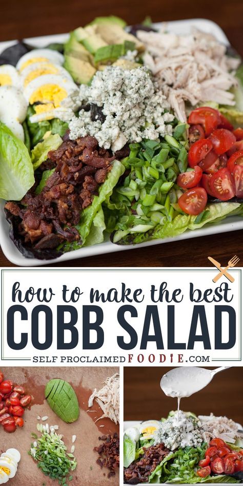 Perfect Cobb Salad has everything you want in a delicious salad including lots of greens, crisp bacon, shredded chicken, bleu cheese, hard boiled egg, ripe avocado, and tomatoes! This salad recipe is super easy to make and makes for an incredibly satisfying low carb complete meal.  #cobbsalad #recipe #best #easy #bleucheese Best Cobb Salad Recipes, Complete Meal Salads, Cob Salad Recipe, Bleu Cheese Recipes, Best Cobb Salad, Low Carb Salad Dressing, Salad Taco, Salad Macaroni, Classic Cobb Salad