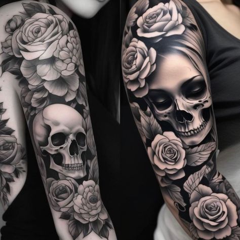 Goth Tattoos For Women Leg, Skull Tattoo Cover Up, Women Full Sleeve Tattoo Ideas, Mexican Flowers Tattoo, Skull Tattoo Feminine, Pretty Skull Tattoos, Skull And Rose Tattoo, Girly Skull Tattoos, Simple Cat Tattoo