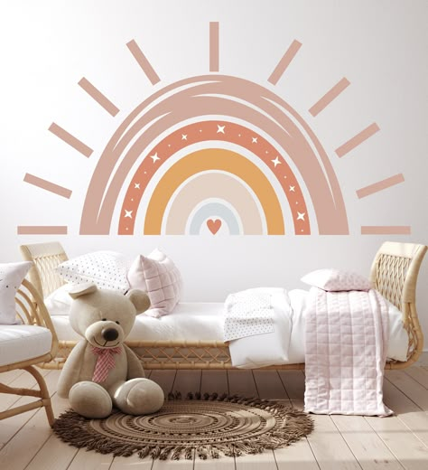 Large Boho Rainbow - Sun Vinyl Decal makes the Playroom Unique and inspiring for your child💫 Montessori Wall Painting Ideas, Rainbow Decals For Walls, Boho Sunshine Nursery, Sun And Rainbow Nursery, Playroom Pastel, Toddler Room Ideas Girl, Rainbow Kids Bedroom, Minimalist Wall Paint, Baby Nursery Rainbow