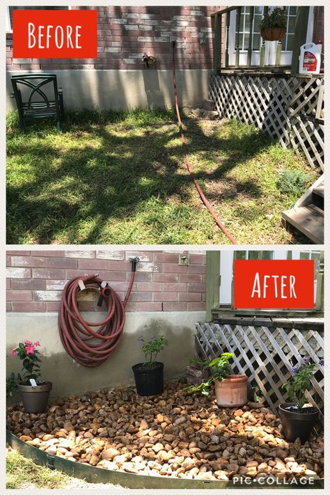 Added rock to the water hose area so mud wouldn’t gather. Keeps area much cleaner Garden Hose Area Ideas, Landscaping Around Water Hose, Backyard Hose Area, Hose Area Landscaping, Summer Boot, Garden Magic, Collection Ideas, God Father, Outdoor Diy Projects