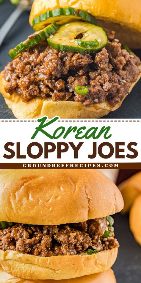 Your new favorite weeknight dinner for family! This quick 30-minute meal features ground beef and Korean pickles. Sweet and savory with a touch of spicy, this Korean sloppy joe recipe is delicious and satisfying! Korean Beef Sloppy Joes, Korean Sloppy Joes, Korean Pickles, Dinner For Family, Korean Meals, Beef Sandwich Recipes, Sloppy Joe Recipe, Beef Meals, Beef Dinners