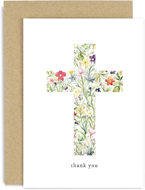 Amazon.com : Religious Thank You Cards - Watercolour Flower Cross Christian Thank You Card - Baptism and Christening Cards - Thank You for Baptism Christening Gift | Blank Inside : Office Products Baptism Card Ideas, Baptism Card, Christening Card, Watercolour Flower, Baptism Cards, Cross Christian, Flower Cross, Baptism Girl, Christening Gifts