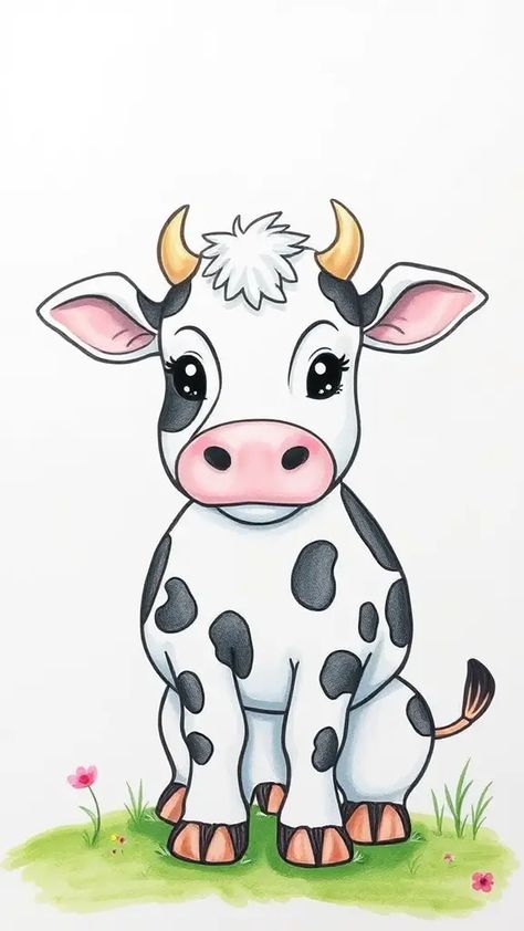 Check Out This Cute Cow Drawing & 12+ Other Cow Drawing Ideas! #drawinginspiration #drawing Cow And Calf Drawing Easy, Cow Cute Drawing, Cow Drawing Simple, How To Draw A Cow, Drawing Of Cow, Cartoon Cow Face, Cow Drawing Ideas, Cows Drawing, Giraffe Drawings